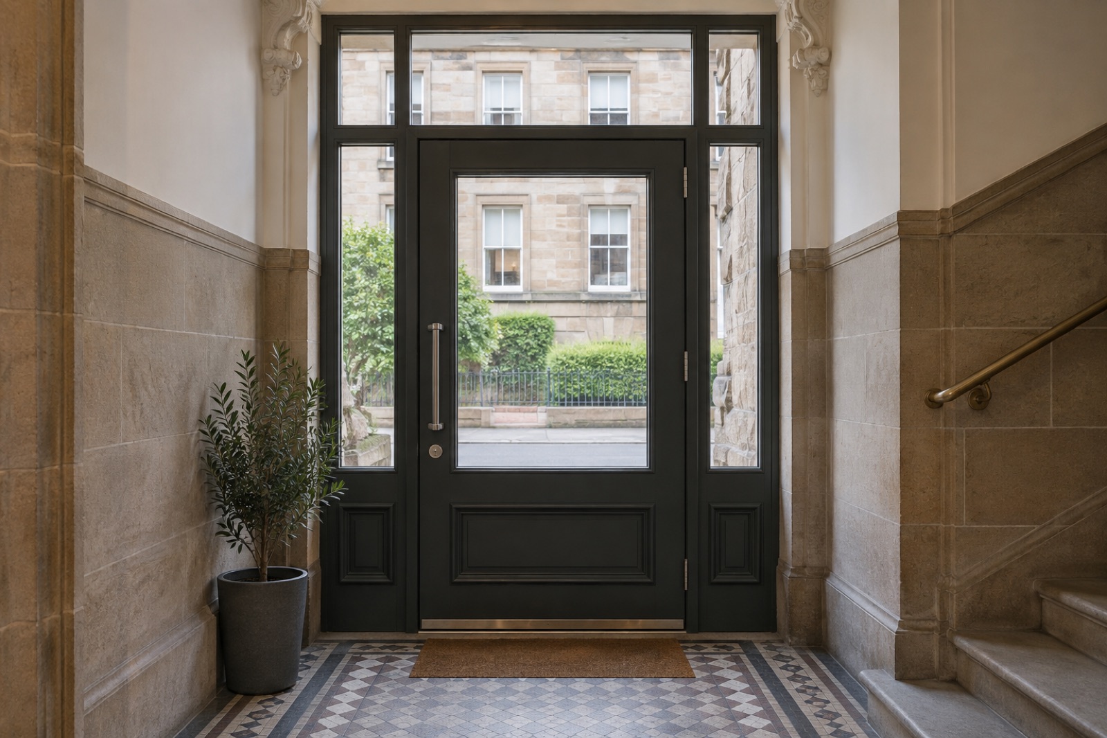 Illustrative communal entrance design, not an Ultimate Home Solutions installation